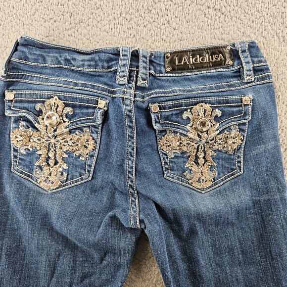 LA Idol Jeans Womens 7 (30x31) Blue Mid Rise Bootcut Rhinestones Embroidered - Picture 13 of 15